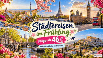 Städtereisen günstig buchen: Flüge nach Barcelona, London, Paris, Prag, Dublin, Athen, Venedig und viele weitere europäische Metropolen bereits ab 46 €.